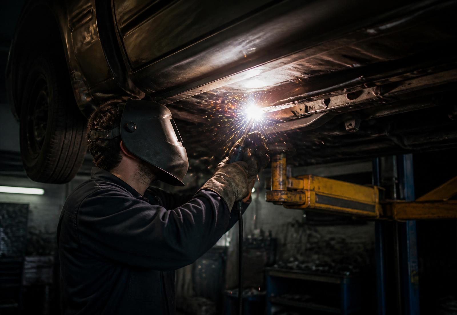 Mechanic welding a structural MOT repair to the underside of a car on a lift